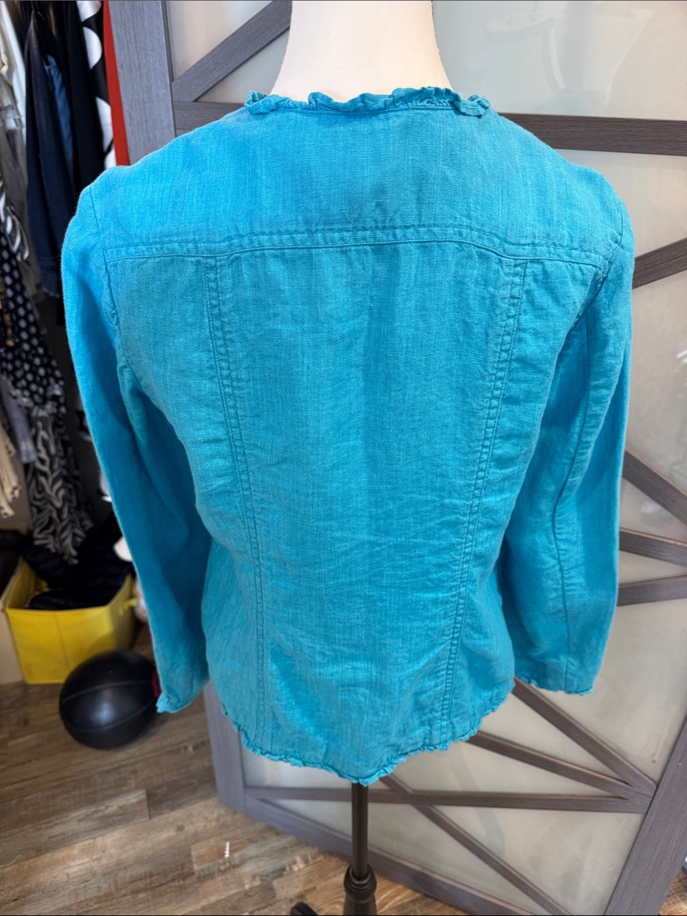 Chico's Turquoise Ruffled Open-Front Jacket - Picture 9 of 11
